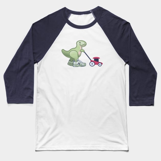 T-Rex Mowing the Grass Baseball T-Shirt by Buenos Biscuits